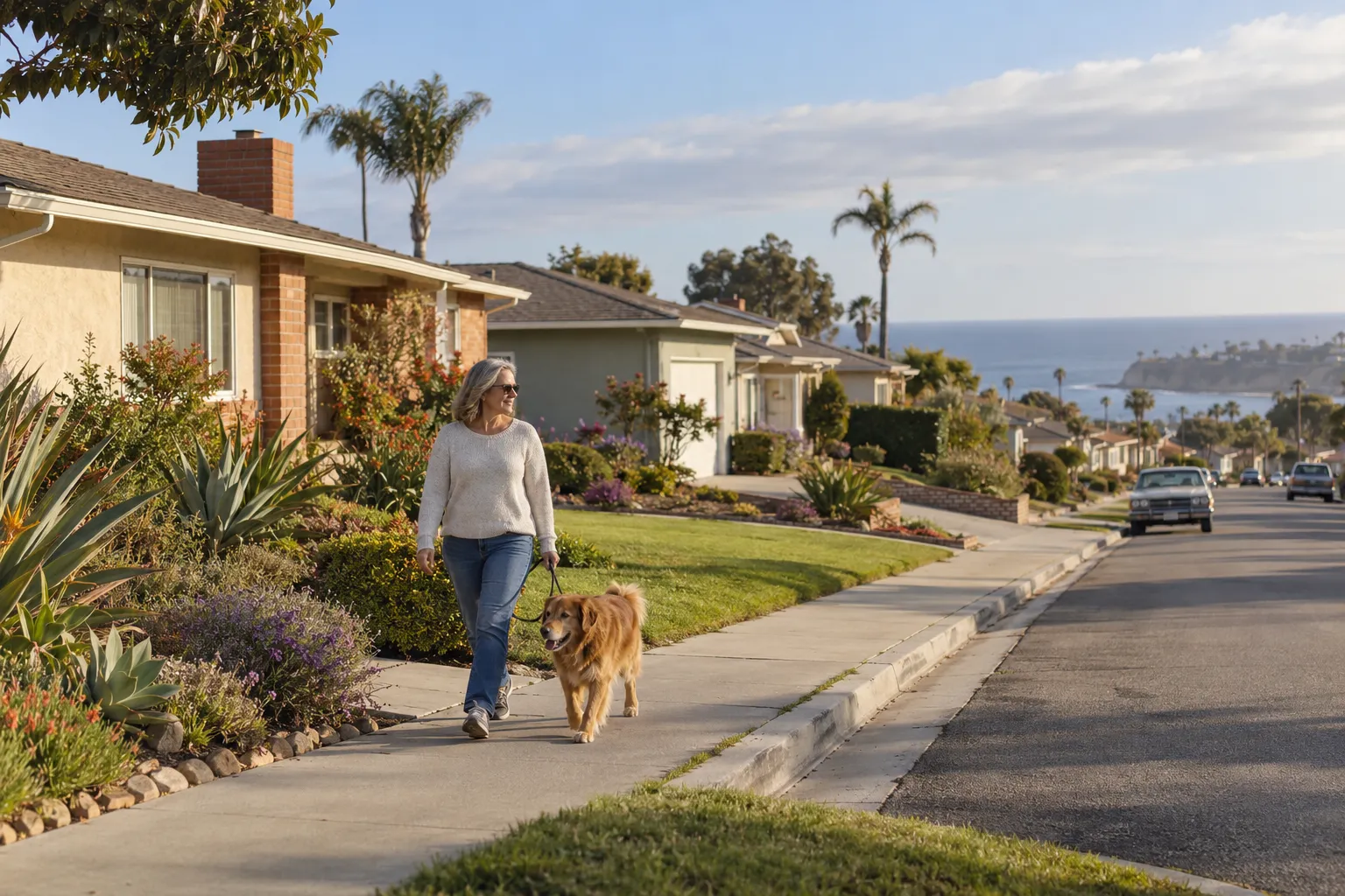 Stucco ranch homes on a quiet street in the Los Angeles area